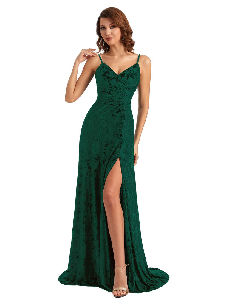 Sexy Side Slit Spaghetti Straps Mermaid Lace Velvet Long Bridesmaid Dresses Online- ChicSew Sexy Side Slit Spaghetti Straps Mermaid Lace Velvet Long Bridesmaid Dresses Online- ChicSew