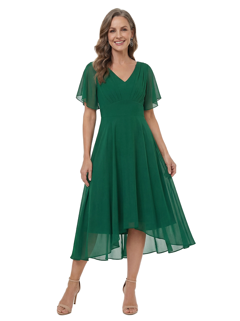 ChicSew Chiffon short Sleeves Ruched V-Neck High-Low Mother Of The Groom Gown