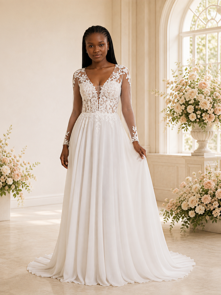 ChicSew Elegant V-Neck Chiffon A-Line Long Sleeves Lace Applique Maxi Wedding Dress