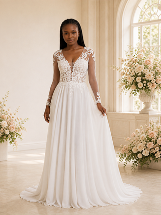 ChicSew Elegant V-Neck Chiffon A-Line Long Sleeves Lace Applique Maxi Wedding Dress