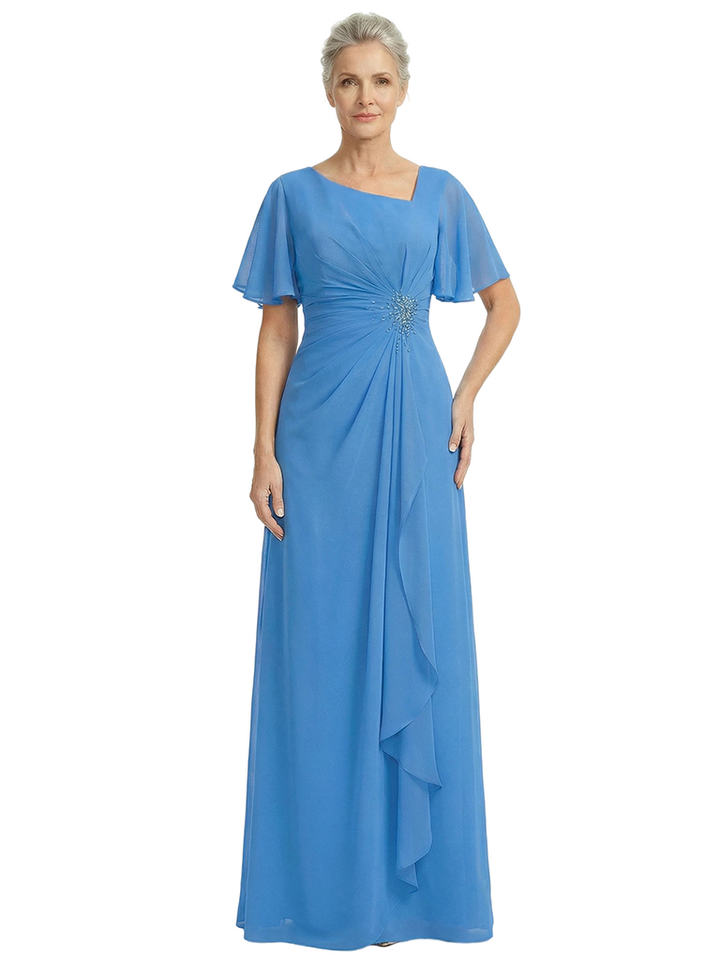 ChicSew Asymmetric Neckline Short Sleeves A-Line Floor Length Chiffon Fancy Mother of the Bride Dresses