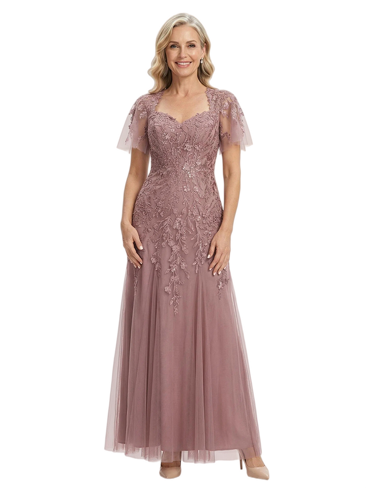 ChicSew Elegant V-Neck Short Sleeves A-Line Mother Of The Bride Gown Lace Tulle Overlay