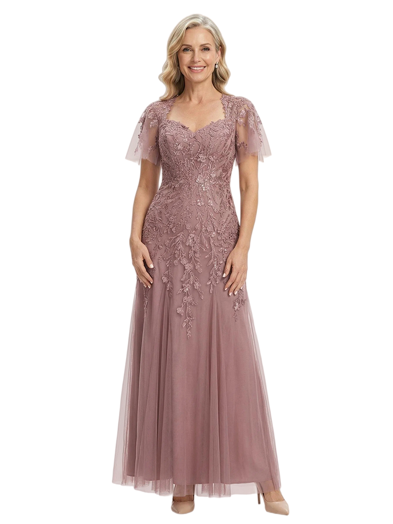 ChicSew Elegant V-Neck Short Sleeves A-Line Mother Of The Bride Gown Lace Tulle Overlay