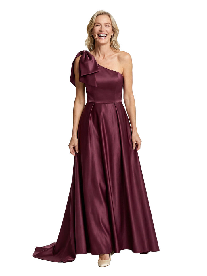 Glamorous One Shoulder Bow Detail A-line Satin Mother of The Bride Dress