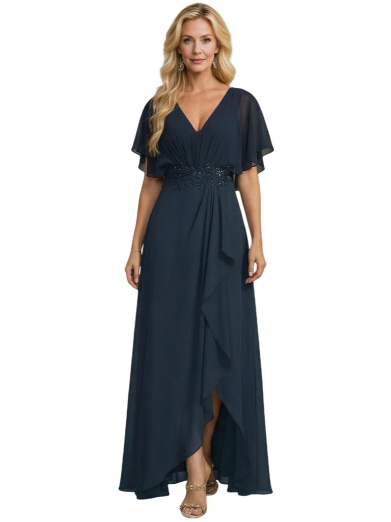 Elegant V-Neck Side Slit Bell Sleeves Chiffon A-Line Mother of The Bride Dresses