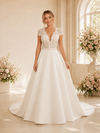 ChicSew Fancy V-Neck Crepe A-Line Lace Applique Cap Sleeves Floor-Length Wedding Dress