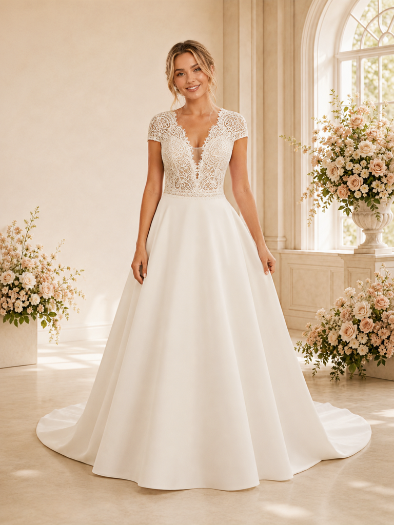 ChicSew Fancy V-Neck Crepe A-Line Lace Applique Cap Sleeves Floor-Length Wedding Dress