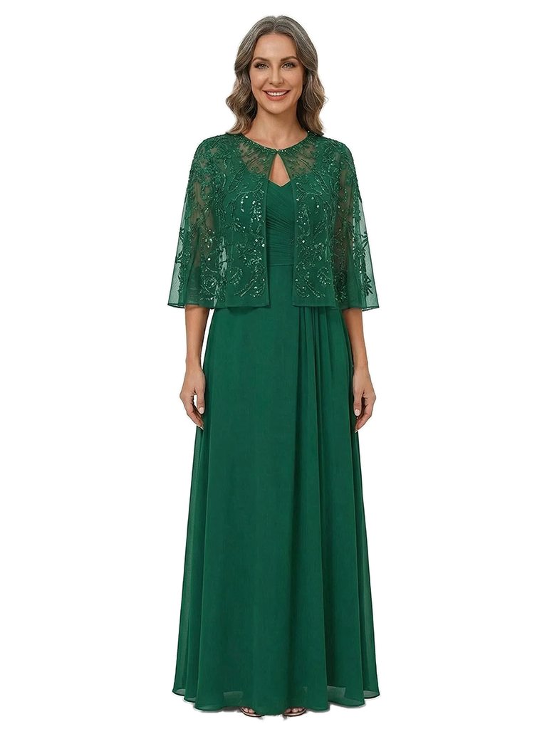 ChicSew Beaded Cape Jacket Floor Length Chiffon Two Piece Mother of the Bride Dresses