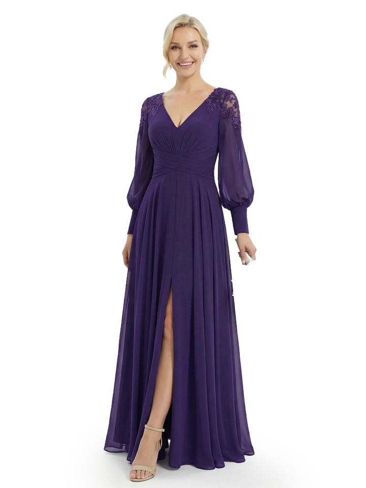 Chicsew Mother Of The Bride Dresses V-Neck Long Sleeve Slit Lace Chiffon Maxi Gown Classy Ruched