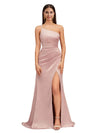 Elegant Mermaid One Shoulder Stretch Satin Side Slit Formal Long Bridesmaid Dresses