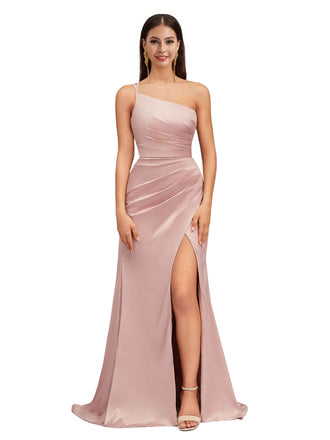 Elegant Mermaid One Shoulder Stretch Satin Side Slit Formal Long Bridesmaid Dresses