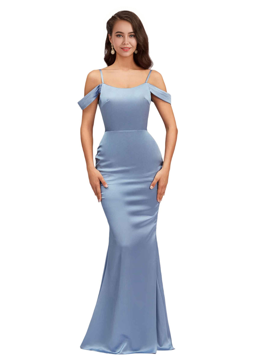 Sexy Cold Shoulder Soft Satin Mermaid Long Bridesmaid Dresses Online