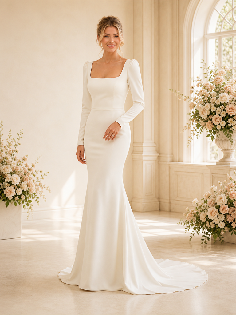ChicSew Elegant Square Long Sleeves Mermaid Crepe Maxi Long Wedding Dress