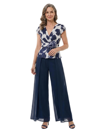 ChicSew Elegant Chiffon V-Neck Jumpsuit For Mother Of The Bride With Flower Detail