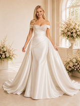 ChicSew Unique Mermaid Off The Shoulder Beading Satin Long Wedding Dresses With Overskirt