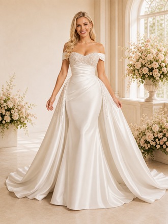 ChicSew Unique Mermaid Off The Shoulder Beading Satin Long Wedding Dresses With Overskirt