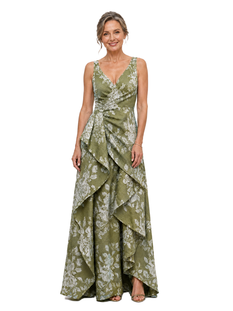 Chicsew Elegant Floral V-Neck Ruched A-Line Floor-Length Mother of The Bride Dresses