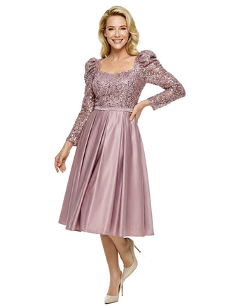 Simple Square Long Sleeves Sequin Satin Midi A-Line Mother Of The Bride Dresses