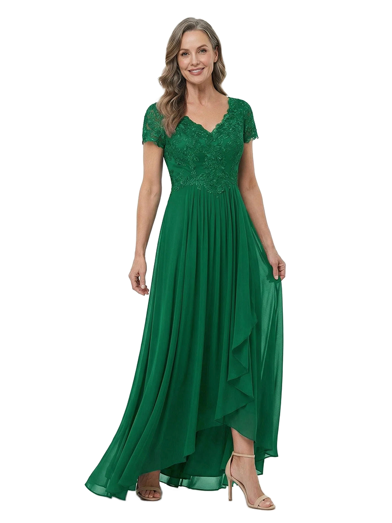 ChicSew V-Neck Short Sleeve Lace Ruched Waist High Low Hem Floor Length Chiffon Elegant Mother of the Bride Dresses