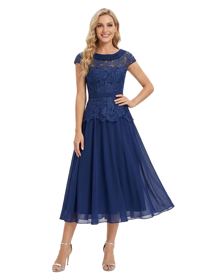 Fancy Scoop Neck Cap Sleeves Lace Chiffon Tea-Length Mother of The Groom Dresses