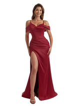 Gorgeous Cold Shoulder Mermaid Pleated Silky Satin Side Slit Long Bridesmaid Dresses