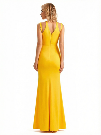 Sexy Spaghetti Straps V-neck Side Slit Jersey Mermaid Floor Length Evening Formal Dresses