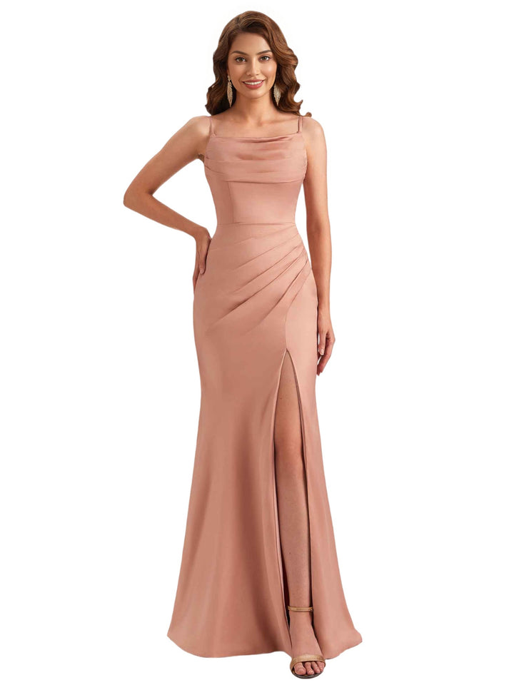 Elegant Silky Satin Spaghetti Straps Mermaid Side Slit Ruched Long Bridesmaid Dresses