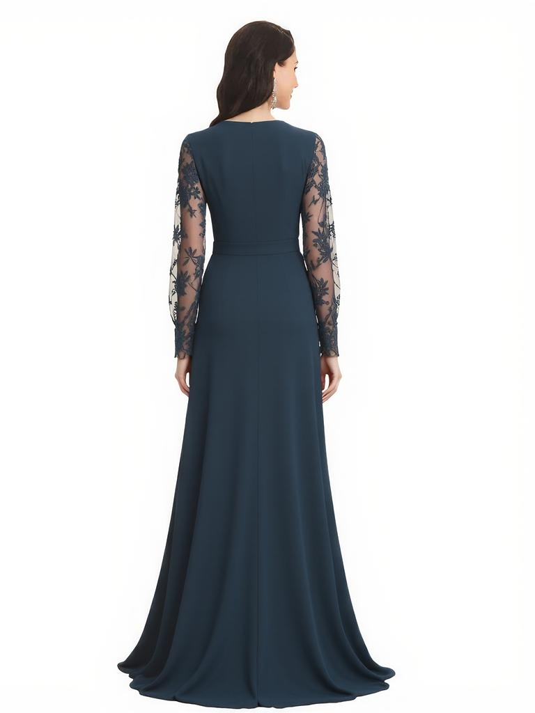 Elegant Chiffon Long Sleeves V-Neck A-Line Floor Length Mother Of The Bride Dresses