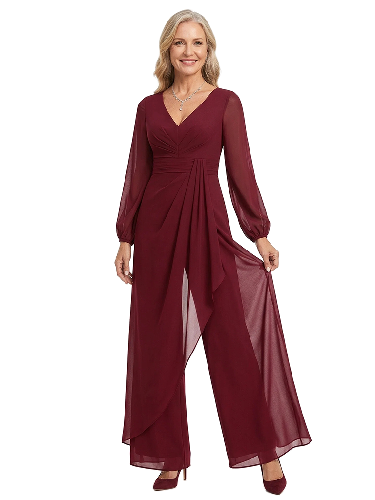 ChicSew V-Neck Chiffon Mother Of The Groom Jumpsuit With Sheer Overlay And Long Sleeves