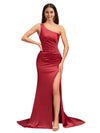 Elegant One Shoulder Mermaid Side Slit Soft Satin Long Wedding Bridesmaid Dresses
