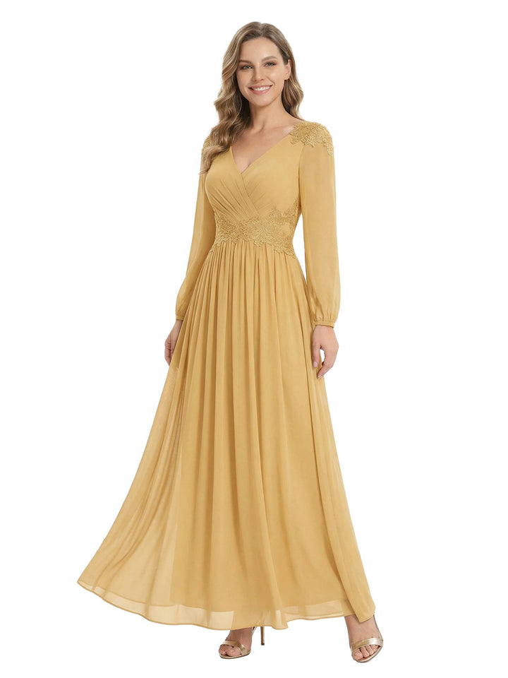 Elegant Mother Of The Bride Dresses V-Neck Long Sleeves A-Line Lace Appliques