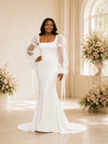 ChicSew Unique Square Neck Mermaid Crepe Long Puff Sleeves Maxi Wedding Dress