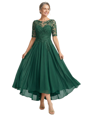 ChicSew Jewel Short Sleeve Lace Applique Ruched A-Line Ankle-Length Chiffon Fancy Mother of the Bride Dresses