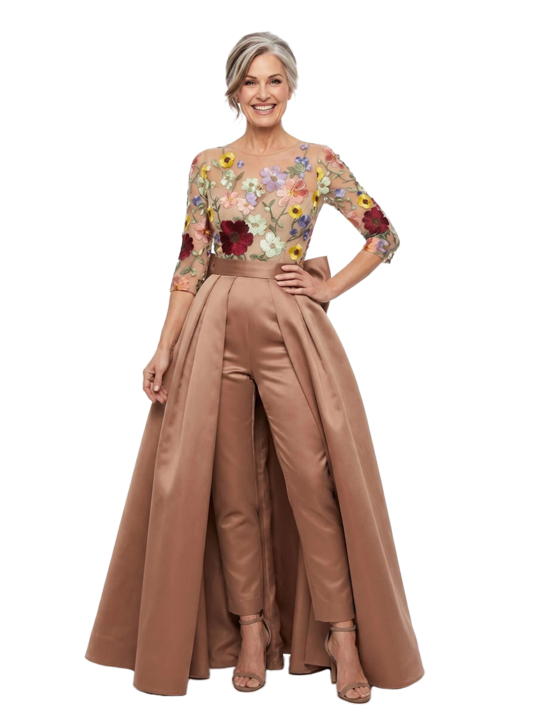 Chicsew Floral Embroidery Mesh Jumpsuit With Overskirt Mother of the Bride Pant Suit Formal Evening Wear