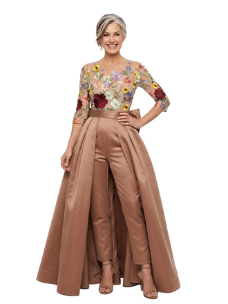 Chicsew Floral Embroidery Mesh Jumpsuit With Overskirt Mother of the Bride Pant Suit Formal Evening Wear