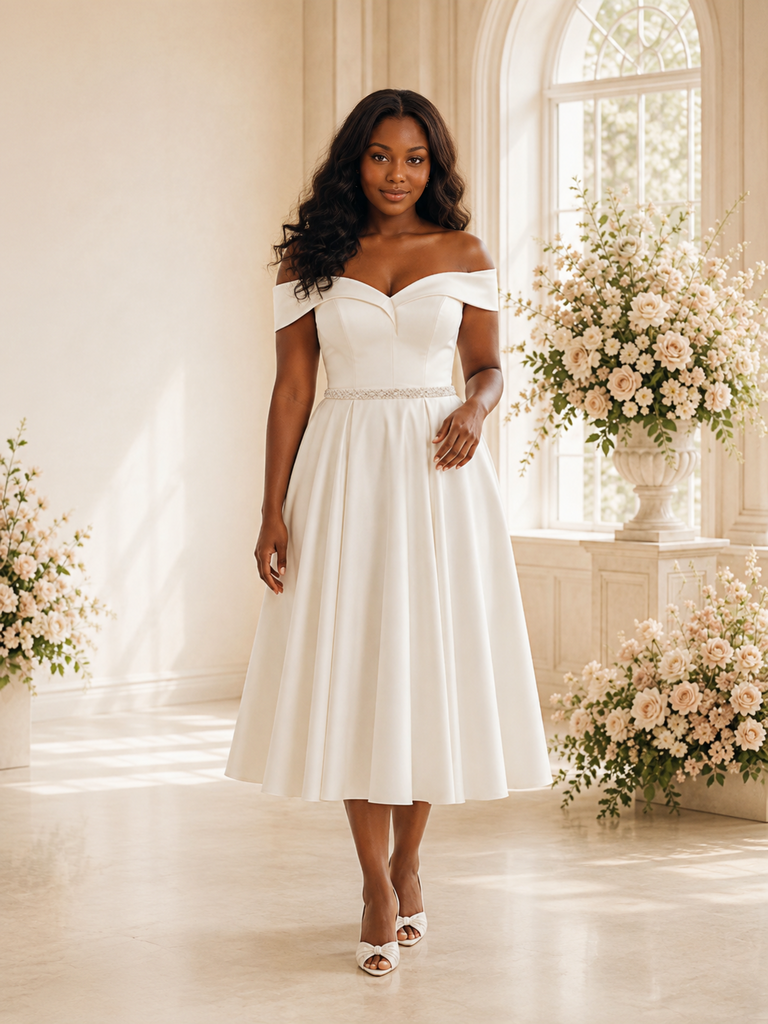 ChicSew Mondern A-Line Off The Shoulder Rhinestone Satin Tea-Length Wedding Dress
