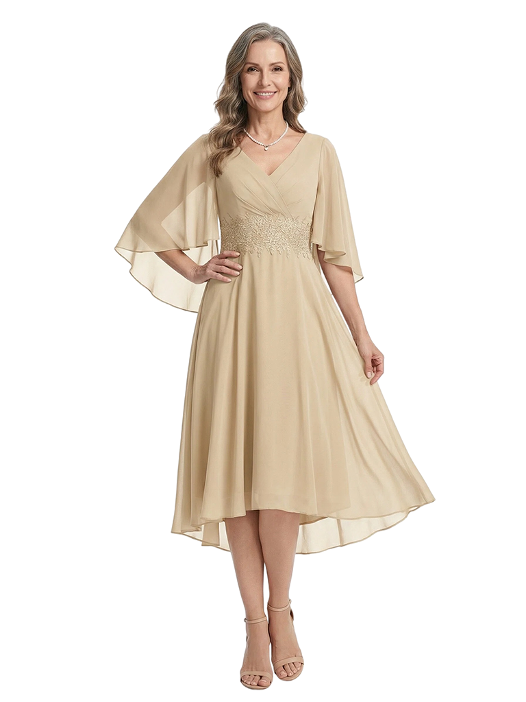 ChicSew Cape Sleeves V-Neck Lace Appliques Knee-Length Chiffon A-Line Mother Of The Groom Dress