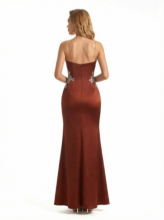 Sexy Sweetheart Lace Mermaid Silky Satin Long Formal Dresses Side Slit