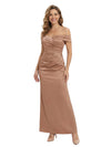 Pretty Off Shoulder Satin Mother of The Bride Dress Sheath Gown with Ruched Fabric Stylish Wedding Celebration Outfit