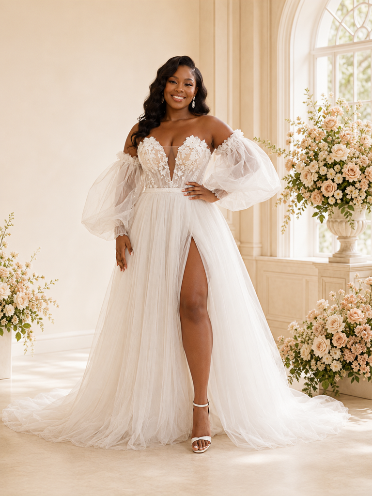 ChicSew Sexy Sweetheart Puff Sleeves A-Line Tulle Maxi Wedding Dress With Lace Appliques