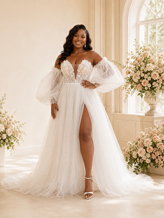 ChicSew Sexy Sweetheart Puff Sleeves A-Line Tulle Maxi Wedding Dress With Lace Appliques