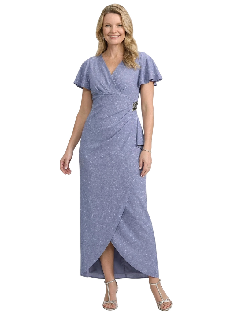 Chicsew Classy V-Neck Sheath Short Sleeves Glitter Jersey Mother Of The Groom Dress Ruched Evening Gown