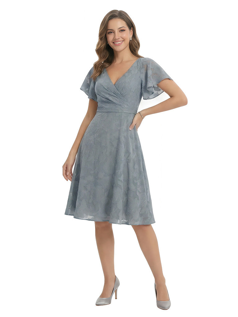 Elegant Flutter Sleeves V-Neck Floral Burnout Chiffon Knee-Length A-Line Formal Evening Dresses