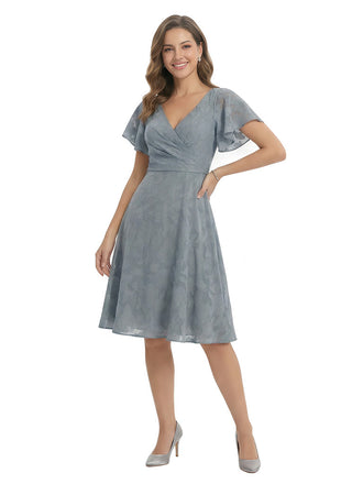 Elegant Flutter Sleeves V-Neck Floral Burnout Chiffon Knee-Length A-Line Formal Evening Dresses