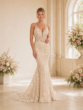 ChicSew Modern Deep V-Neck Mermaid Lace Tulle Floor-Length Wedding Dresses With Button Back