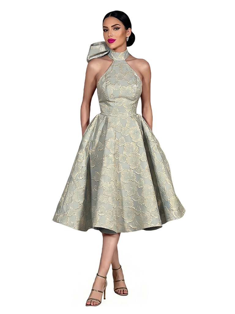 ChicSew Elegant Floral Jacquard Halter A-Line Knee-Length Formal Evening Dresses