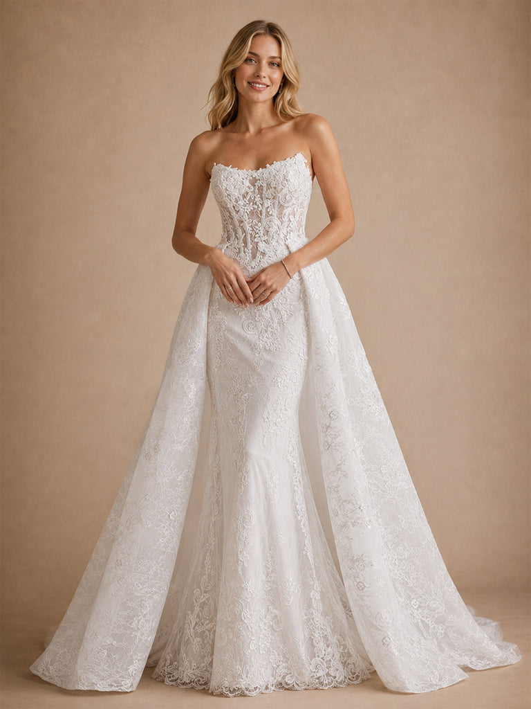 ChicSew Fancy Strapless Mermaid Lace Tulle Sleeveless Floor-Length Wedding Dresses With Overskirt