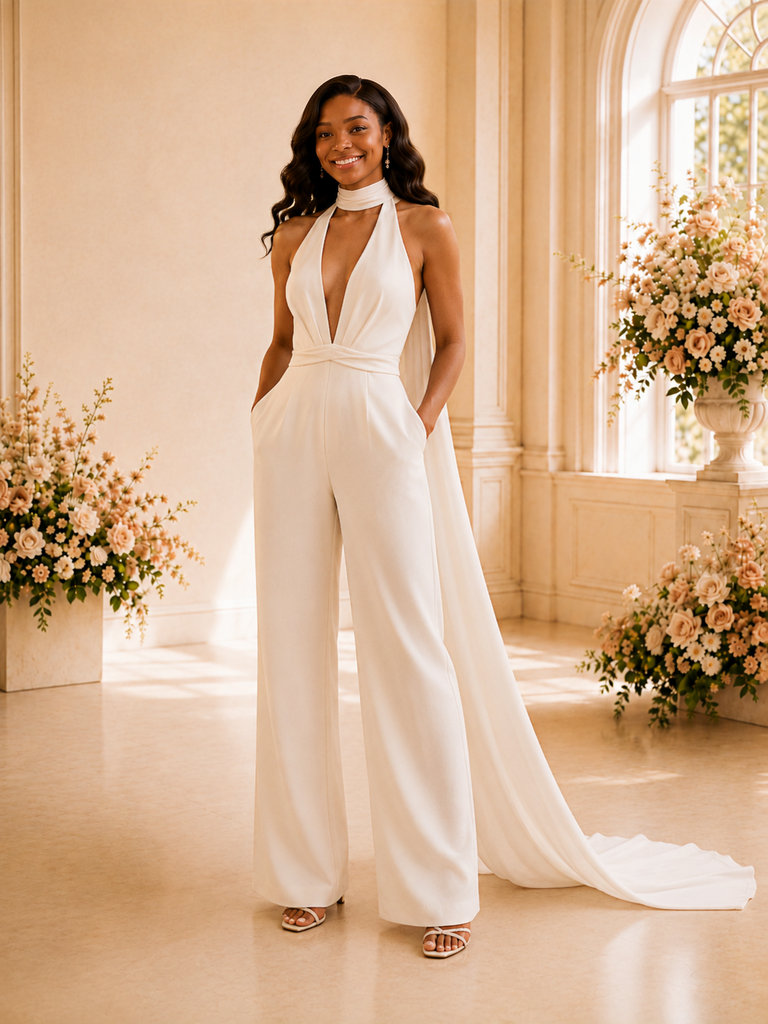 ChicSew Sexy Deep V-Neck Mermaid Crepe Floor-Length Open Back Wedding Jumpsuit
