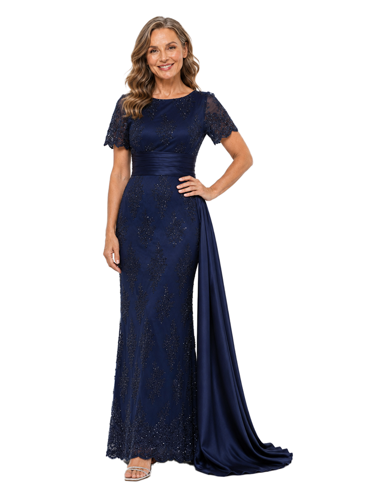 ChicSew Short Sleeve Round Neck Beaded Lace Mermaid Floor Length Evening Gown With Satin Sash