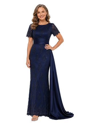 ChicSew Short Sleeve Round Neck Beaded Lace Mermaid Floor Length Evening Gown With Satin Sash